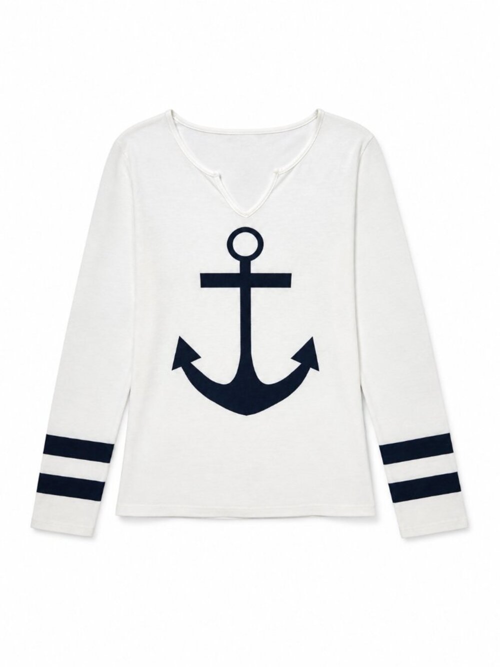 SHEIN White Nautical Anchor Graphic V-Neck Long Sleeve Top Stripe Arm XL